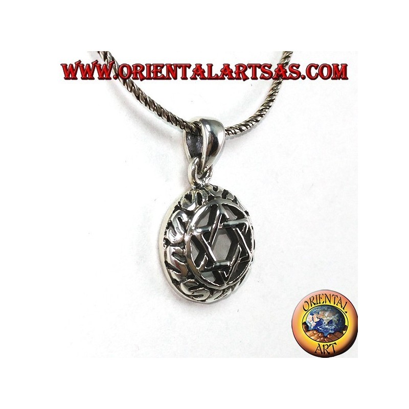 Silver pendant with a star of David intertwined with six points with decorations around