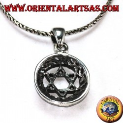 Silver pendant with a star of David intertwined with six points with decorations around