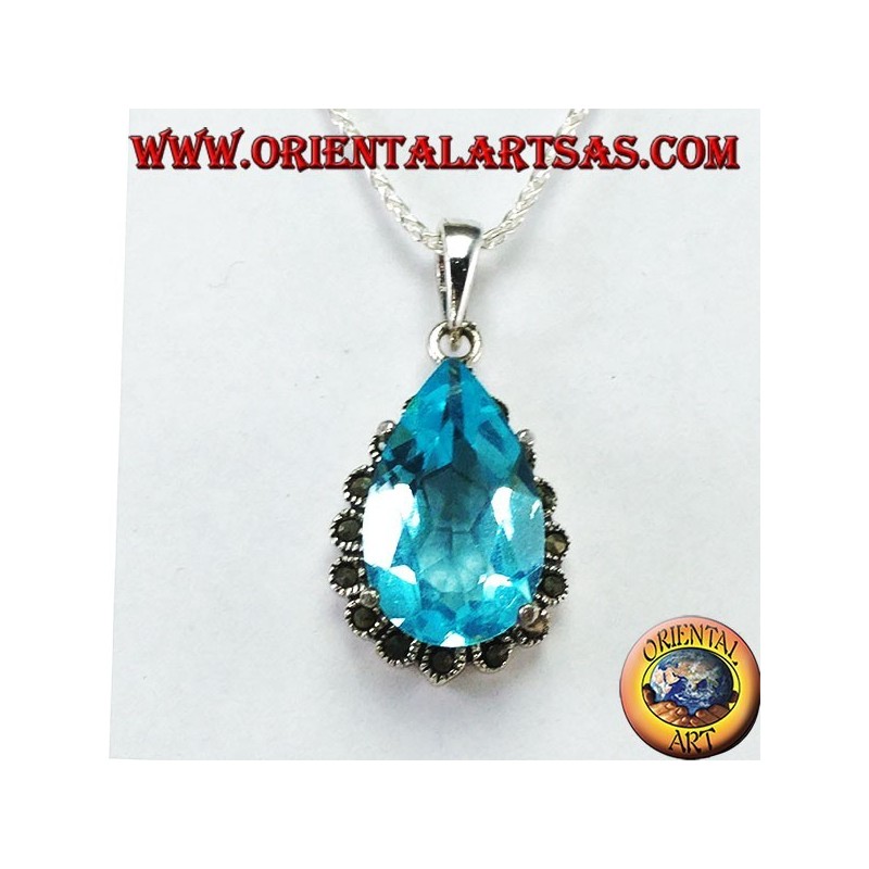 Pendentif en argent avec topaze bleue en forme de goutte avec marcassites