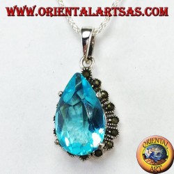 Silver pendant with blue drop-shaped Topaz with marcasites