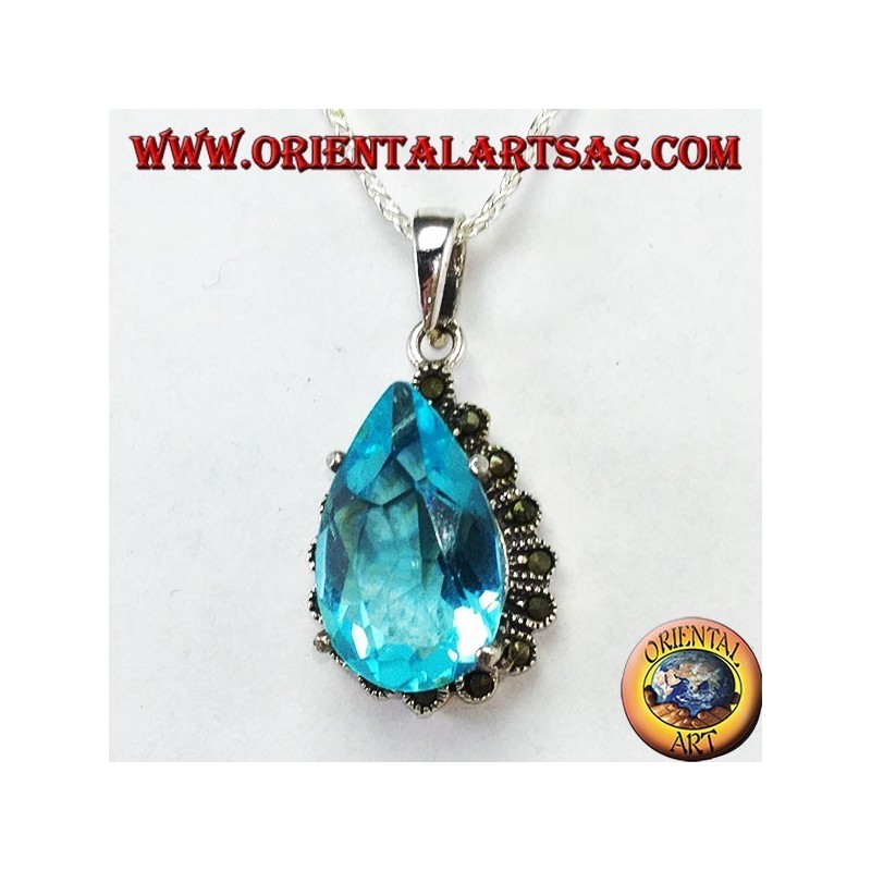 Pendentif en argent avec topaze bleue en forme de goutte avec marcassites