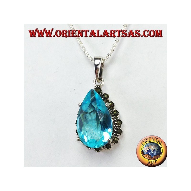 Pendentif en argent avec topaze bleue en forme de goutte avec marcassites