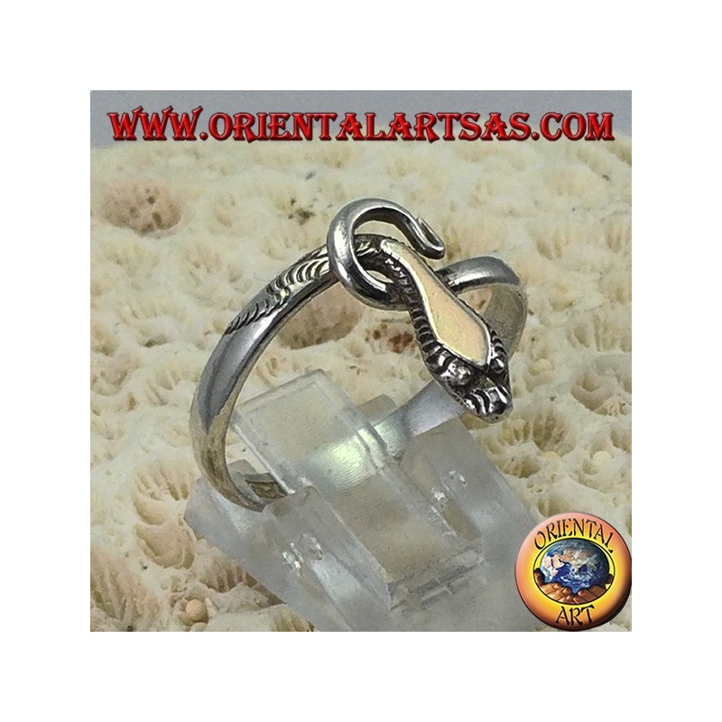 Anillo en serpiente de plata con una placa de oro sobre la cabeza
