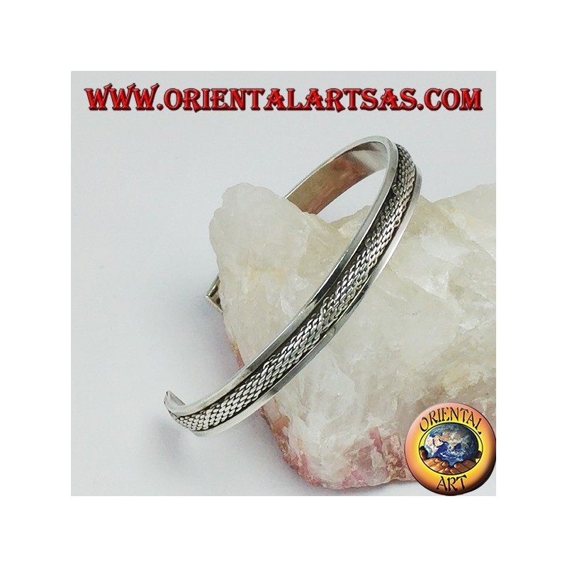Bracciale rigido in argento 925 con inserto intrecciato bombato