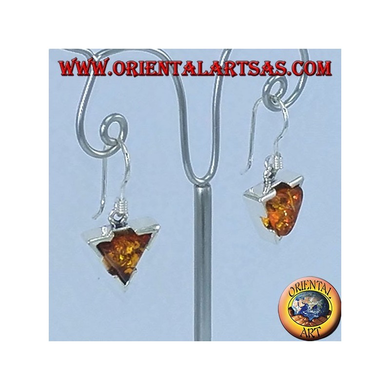 Simple pendant silver earrings with triangular amber