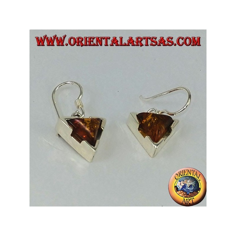 Simple pendant silver earrings with triangular amber