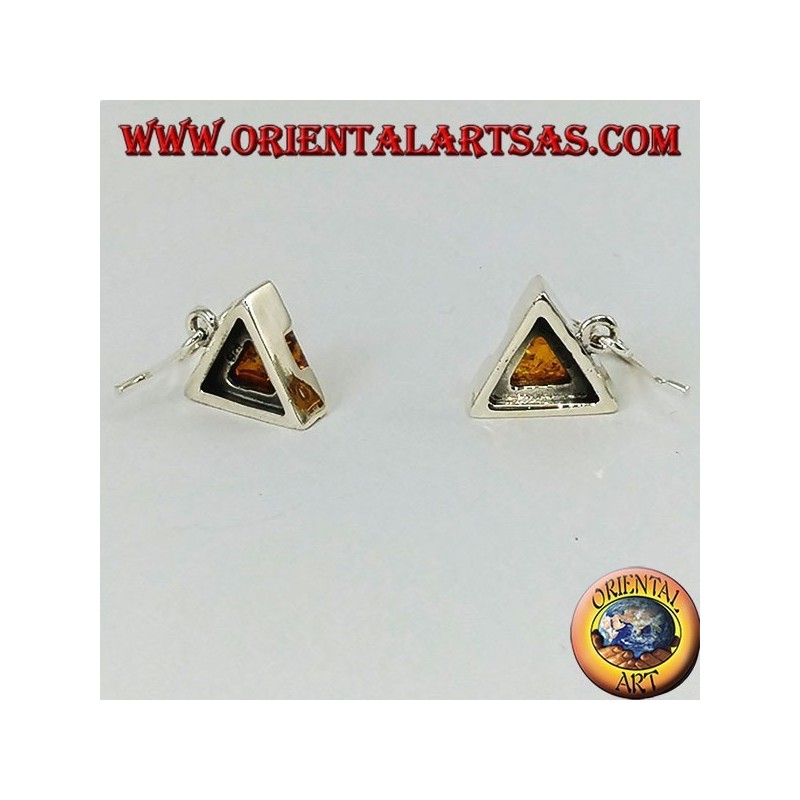 Simple pendant silver earrings with triangular amber