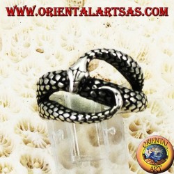 Silver ring in the shape of a cobra snake that bites
