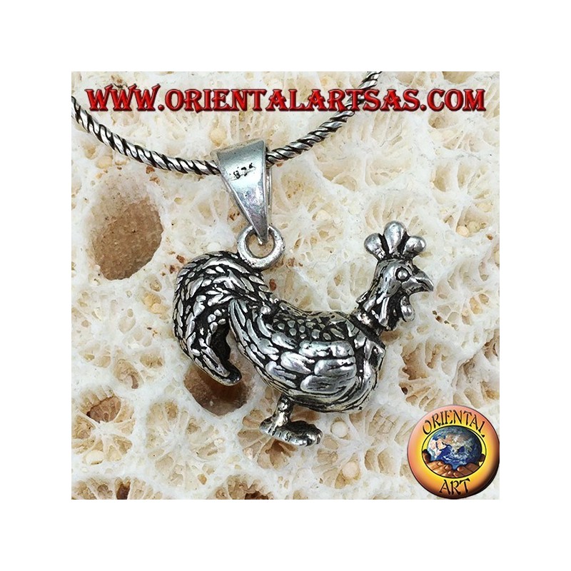 Colgante de gallo tridimensional de plata