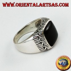 Silver ring with square onyx surrounded by engravings