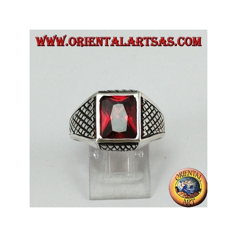 Silver men's ring with rectangular faceted garnet