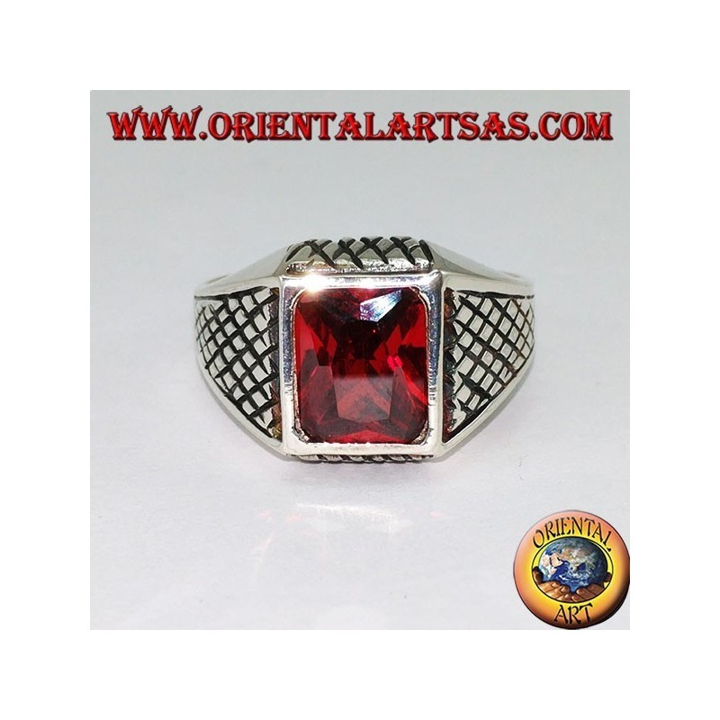 Bague pour homme en argent avec grenat à facettes rectangulaire