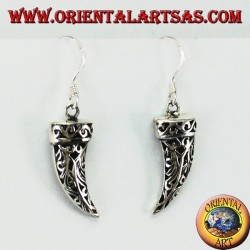Silver earrings in the shape of a tusk of perforated elephant