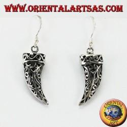 Silver earrings in the shape of a tusk of perforated elephant