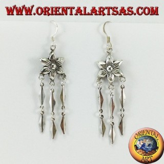 Silver earrings, flower with three long pendants