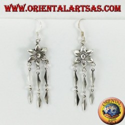 Silver earrings, flower with three long pendants