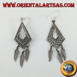 Boucles d'oreilles en argent, en losange ciselé avec trois plumes