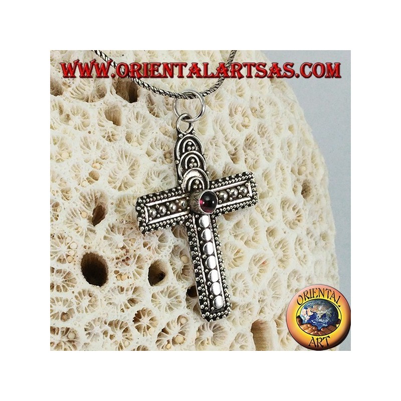 Silver pendant handmade cross with garnet in the center