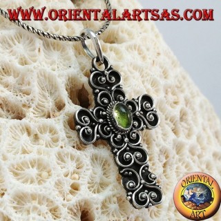 Silver pendant, baroque cross handmade with peridot in the center