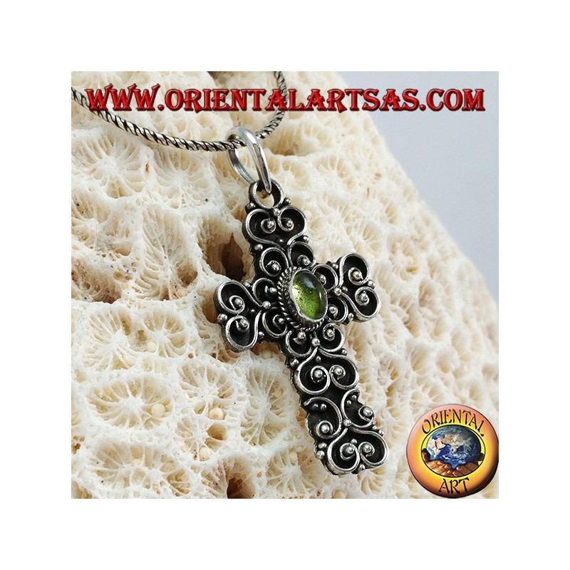 Silver pendant, baroque cross handmade with peridot in the center