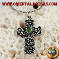 Silver pendant, baroque cross handmade with peridot in the center