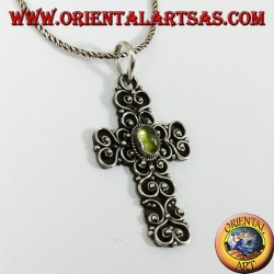 Silver pendant, baroque cross handmade with peridot in the center