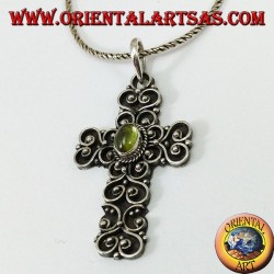 Silver pendant, baroque cross handmade with peridot in the center