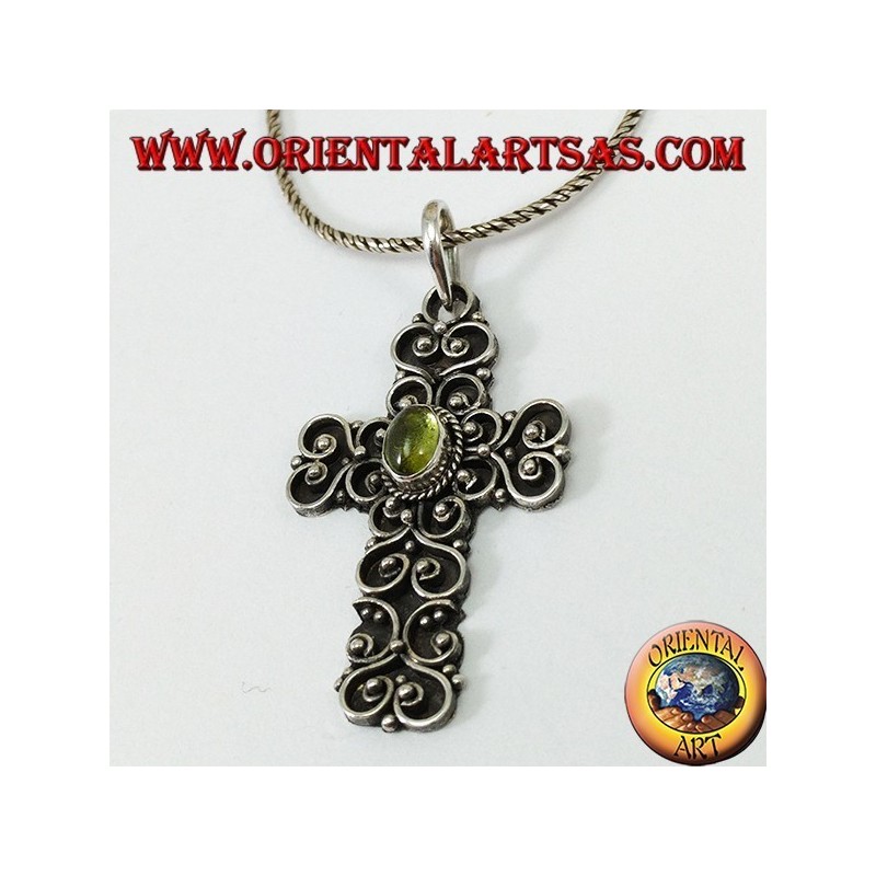 Silver pendant, baroque cross handmade with peridot in the center