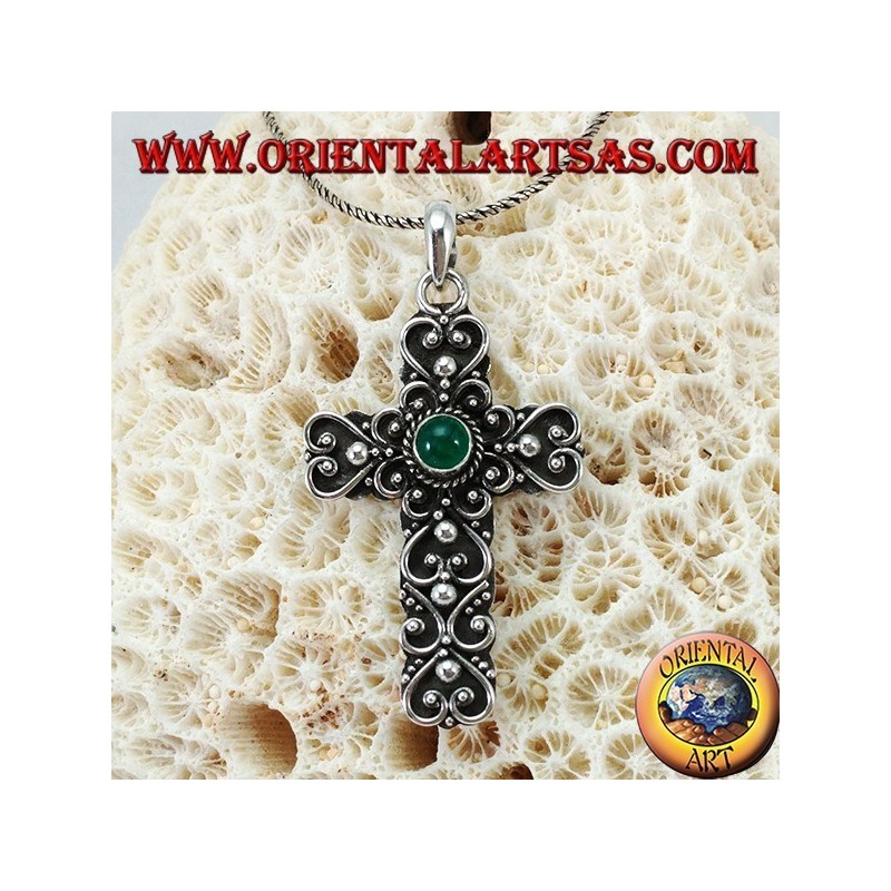 Silver pendant, baroque cross handmade with peridot in the center