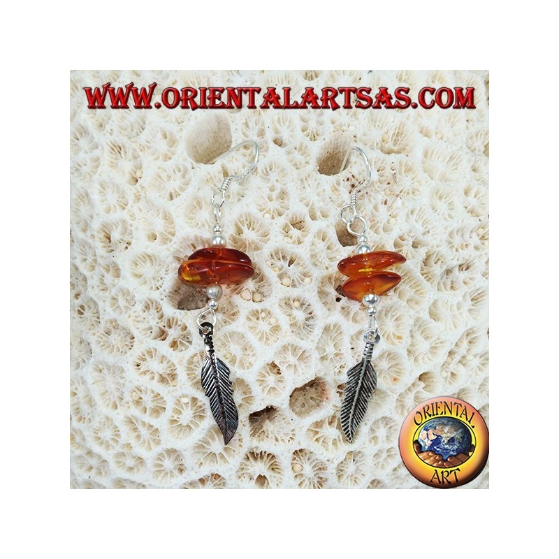 Silver pendant earrings with 2 pieces of amber and a feather