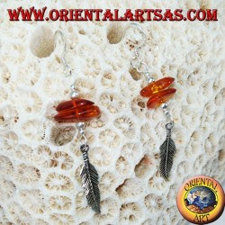 Silver pendant earrings with 2 pieces of amber and a feather