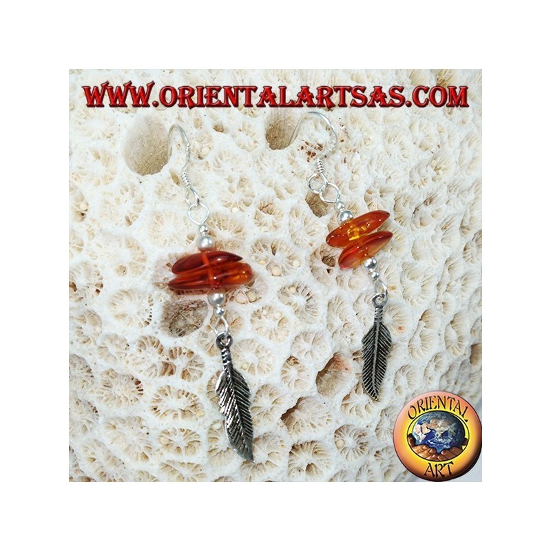 Boucles d'oreilles pendantes en argent avec 2 morceaux d'ambre et une plume