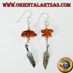 Silver pendant earrings with 2 pieces of amber and a feather