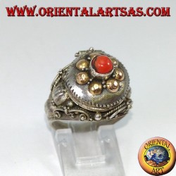 Silver ring in a poison box with gold and coral beads
