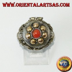 Silver ring in a poison box with gold and coral beads