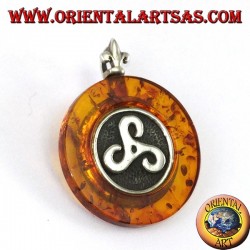 Silver pendant and brooch with Amber with trisele