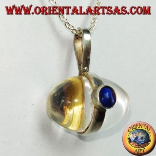 Silver pendant with egg-shaped rock crystal with lapis lazuli