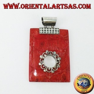 Silver pendant with red madrepora (coral) rectangular with round hole