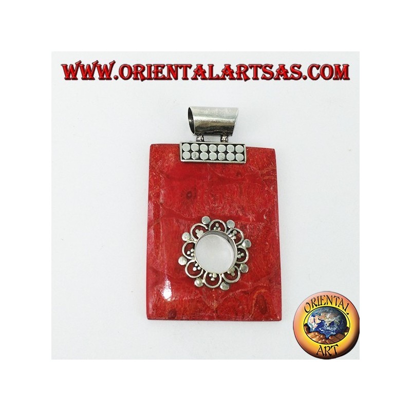 Silver pendant with red madrepora (coral) rectangular with round hole