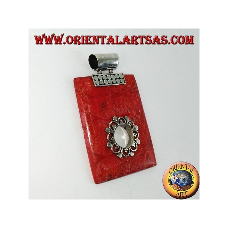 Ciondolo in argento con madrepora rossa (corallo) rettangolare con foro tondo