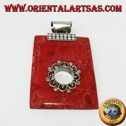 Silver pendant with red madrepora (coral) rectangular with round hole