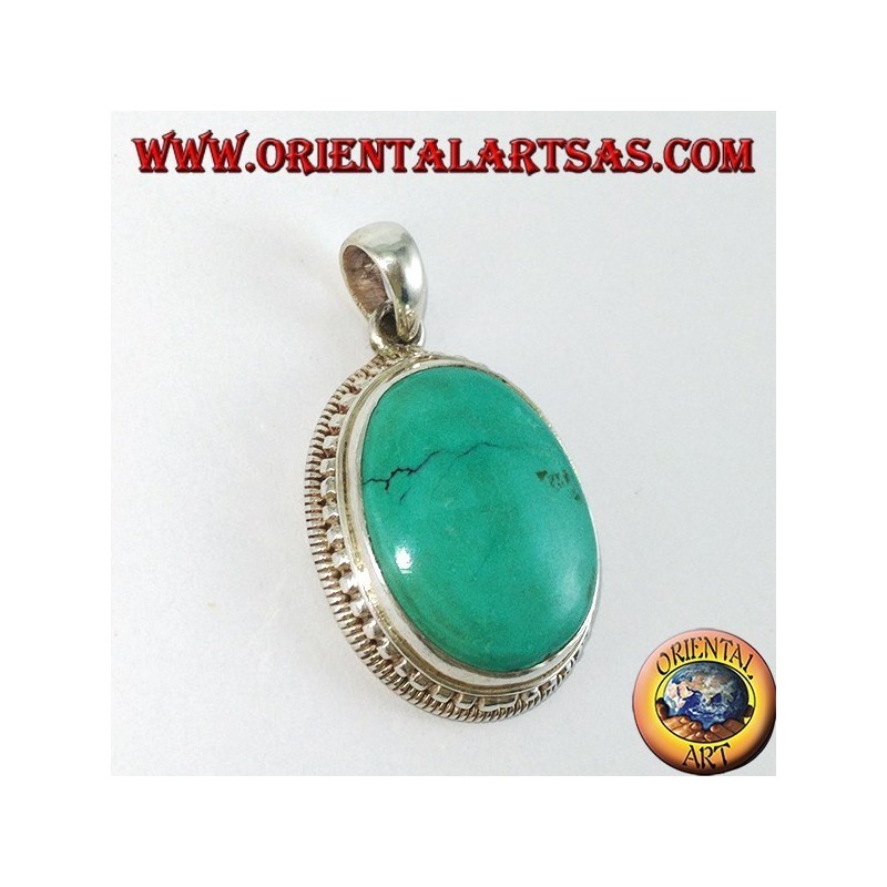 Silver pendant with natural Tibetan Turquoise surrounded by balls