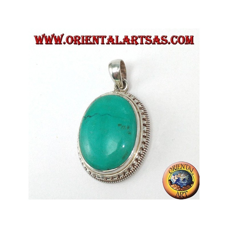Pendentif en argent avec Turquoise tibétaine naturelle entourée de boules