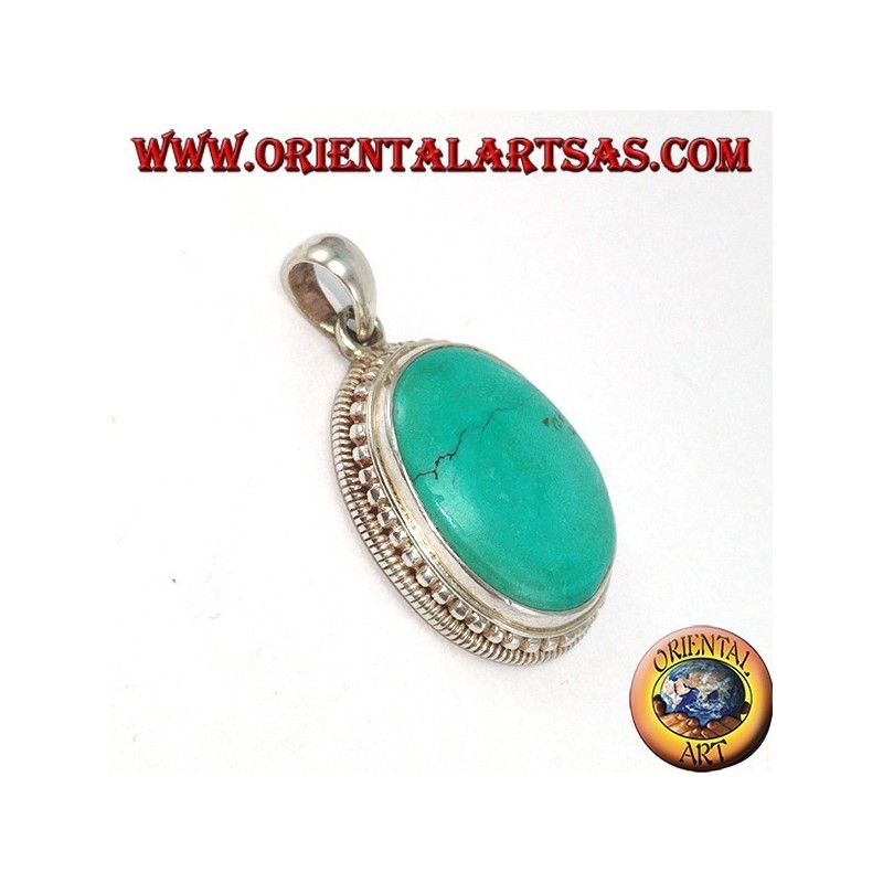 Silver pendant with natural Tibetan Turquoise surrounded by balls