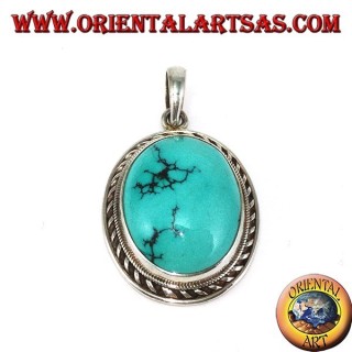 Ciondolo in argento con Turchese Tibetano naturale e bordo a da treccia