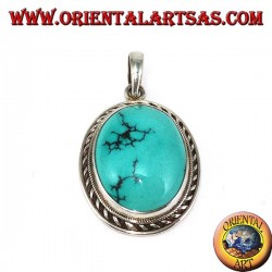 Silver pendant with natural Tibetan Turquoise and braided edge
