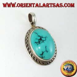 Pendentif en argent avec turquoise tibétaine naturelle et bord tressé