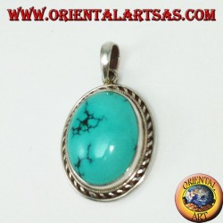 Pendentif en argent avec turquoise tibétaine naturelle et bord tressé