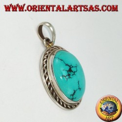 Pendentif en argent avec turquoise tibétaine naturelle et bord tressé