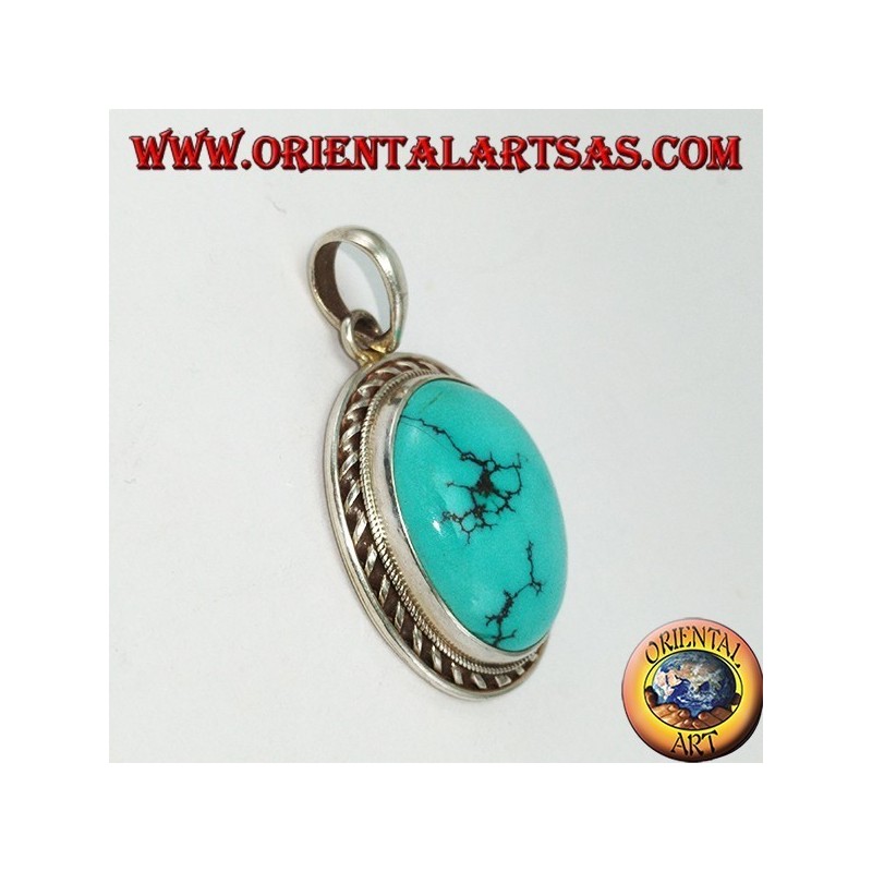 Ciondolo in argento con Turchese Tibetano naturale e bordo a da treccia